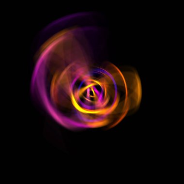 Siyah arka planda izole edilmiş dönen ışık ışınları. Dairesel hareketle parlayan renkli ışık parçacıklarının grafiksel 2d çizimi.