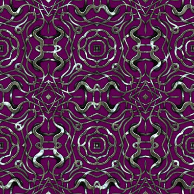 Renkli kumaş arka planında moda tarzında gümüş örgü süsü olan lüks, kusursuz bir şablon. Duvar kağıtları ve tekstil baskısı için tasarım. Lüks, ışıl ışıl metalimsi fantezi dokusu