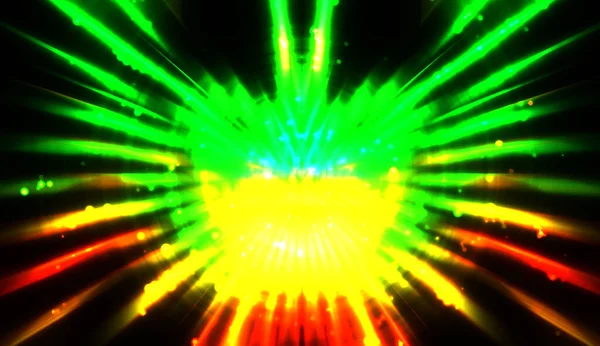 Pretty background of crossing beams of light and glowing particles. Wallpaper of vibrant colorful lights. Shinny light display