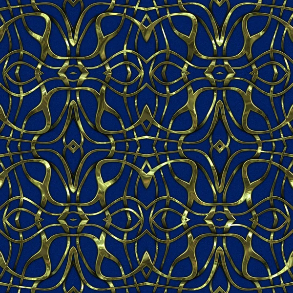 Luxury regal seamless pattern with gold mesh ornament in style of fashion on colorful fabric background. Design for wallpapers and textile print. Luxurious glossy metalwork fantasy texture.