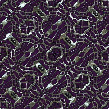 Renkli kumaş arka planında moda tarzında gümüş örgü süsü olan lüks, kusursuz bir şablon. Duvar kağıtları ve tekstil baskısı için tasarım. Lüks, ışıl ışıl metalimsi fantezi dokusu