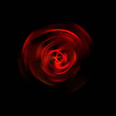 Siyah arka planda izole edilmiş dönen ışık ışınları. Dairesel hareketle parlayan renkli ışık parçacıklarının grafiksel 2d çizimi.