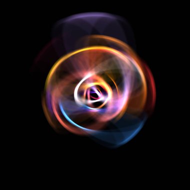 Siyah arka planda izole edilmiş dönen ışık ışınları. Dairesel hareketle parlayan renkli ışık parçacıklarının grafiksel 2d çizimi.