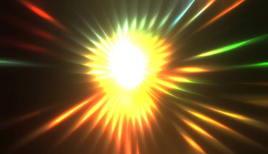 Muhteşem bir ışık gösterisi. Parlayan ışık ışınlarıyla renkli ve canlı parçacık patlaması. Çok renkli yıldız patlaması.