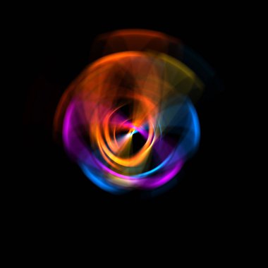 Siyah arka planda izole edilmiş dönen ışık ışınları. Dairesel hareketle parlayan renkli ışık parçacıklarının grafiksel 2d çizimi.