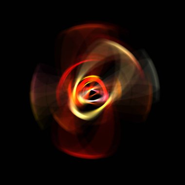 Siyah arka planda izole edilmiş dönen ışık ışınları. Dairesel hareketle parlayan renkli ışık parçacıklarının grafiksel 2d çizimi.