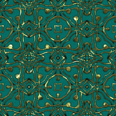 Renkli kumaş arka planında, lüks, kusursuz, altın işlemeli süslemeli moda deseni. Duvar kağıtları ve tekstil baskısı için tasarım. Lüks, ışıl ışıl metalimsi fantezi dokusu.
