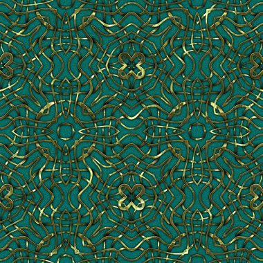 Renkli kumaş arka planında, lüks, kusursuz, altın işlemeli süslemeli moda deseni. Duvar kağıtları ve tekstil baskısı için tasarım. Lüks, ışıl ışıl metalimsi fantezi dokusu.