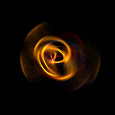 Siyah arka planda izole edilmiş dönen ışık ışınları. Dairesel hareketle parlayan renkli ışık parçacıklarının grafiksel 2d çizimi.