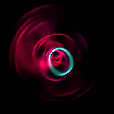 Siyah arka planda izole edilmiş dönen ışık ışınları. Dairesel hareketle parlayan renkli ışık parçacıklarının grafiksel 2d çizimi.