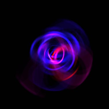 Siyah arka planda izole edilmiş dönen ışık ışınları. Dairesel hareketle parlayan renkli ışık parçacıklarının grafiksel 2d çizimi.