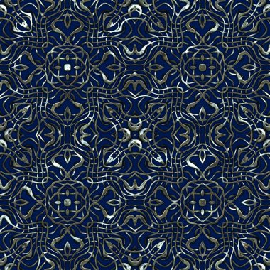 Renkli kumaş arka planında moda tarzında gümüş örgü süsü olan lüks, kusursuz bir şablon. Duvar kağıtları ve tekstil baskısı için tasarım. Lüks, ışıl ışıl metalimsi fantezi dokusu