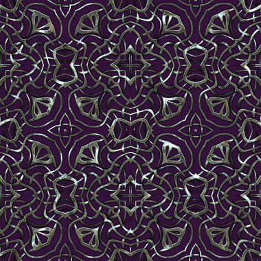 Renkli kumaş arka planında moda tarzında gümüş örgü süsü olan lüks, kusursuz bir şablon. Duvar kağıtları ve tekstil baskısı için tasarım. Lüks, ışıl ışıl metalimsi fantezi dokusu