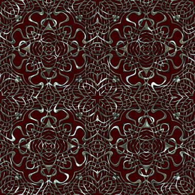 Renkli kumaş arka planında moda tarzında gümüş örgü süsü olan lüks, kusursuz bir şablon. Duvar kağıtları ve tekstil baskısı için tasarım. Lüks, ışıl ışıl metalimsi fantezi dokusu