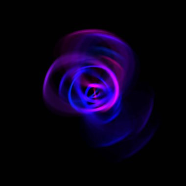 Siyah arka planda izole edilmiş dönen ışık ışınları. Dairesel hareketle parlayan renkli ışık parçacıklarının grafiksel 2d çizimi.