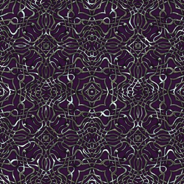 Renkli kumaş arka planında moda tarzında gümüş örgü süsü olan lüks, kusursuz bir şablon. Duvar kağıtları ve tekstil baskısı için tasarım. Lüks, ışıl ışıl metalimsi fantezi dokusu