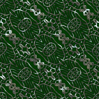 Renkli kumaş arka planında moda tarzında gümüş örgü süsü olan lüks, kusursuz bir şablon. Duvar kağıtları ve tekstil baskısı için tasarım. Lüks, ışıl ışıl metalimsi fantezi dokusu