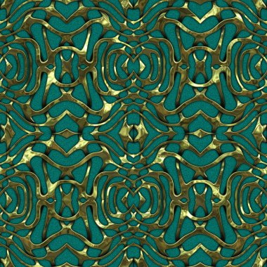 Renkli kumaş arka planında, lüks, kusursuz, altın işlemeli süslemeli moda deseni. Duvar kağıtları ve tekstil baskısı için tasarım. Lüks, ışıl ışıl metalimsi fantezi dokusu.