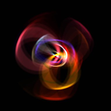 Siyah arka planda izole edilmiş dönen ışık ışınları. Dairesel hareketle parlayan renkli ışık parçacıklarının grafiksel 2d çizimi.