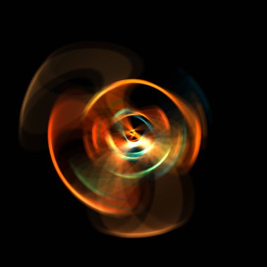 Siyah arka planda izole edilmiş dönen ışık ışınları. Dairesel hareketle parlayan renkli ışık parçacıklarının grafiksel 2d çizimi.