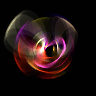 Siyah arka planda izole edilmiş dönen ışık ışınları. Dairesel hareketle parlayan renkli ışık parçacıklarının grafiksel 2d çizimi.