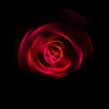 Siyah arka planda izole edilmiş dönen ışık ışınları. Dairesel hareketle parlayan renkli ışık parçacıklarının grafiksel 2d çizimi.