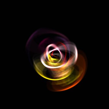 Siyah arka planda izole edilmiş dönen ışık ışınları. Dairesel hareketle parlayan renkli ışık parçacıklarının grafiksel 2d çizimi.