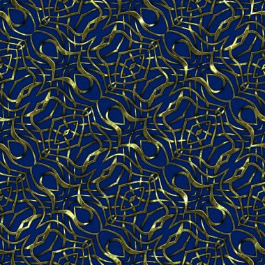 Renkli kumaş arka planında, lüks, kusursuz, altın işlemeli süslemeli moda deseni. Duvar kağıtları ve tekstil baskısı için tasarım. Lüks, ışıl ışıl metalimsi fantezi dokusu.