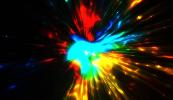 Light Particles Motion Creating Burst Glowing Multicolored Rays Black Background — Stock Photo, Image