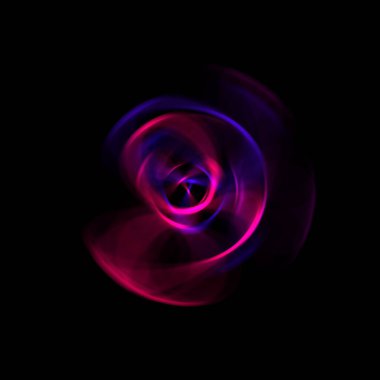 Siyah arka planda izole edilmiş dönen ışık ışınları. Dairesel hareketle parlayan renkli ışık parçacıklarının grafiksel 2d çizimi.