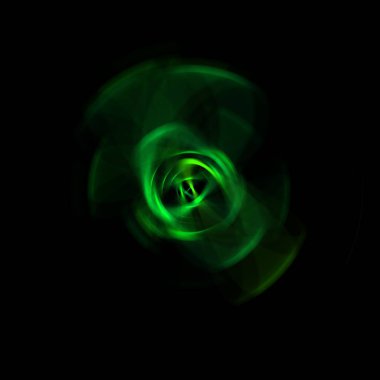 Siyah arka planda izole edilmiş dönen ışık ışınları. Dairesel hareketle parlayan renkli ışık parçacıklarının grafiksel 2d çizimi.