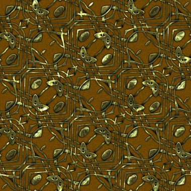 Renkli kumaş arka planında, lüks, kusursuz, altın işlemeli süslemeli moda deseni. Duvar kağıtları ve tekstil baskısı için tasarım. Lüks, ışıl ışıl metalimsi fantezi dokusu.