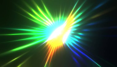 Muhteşem bir ışık gösterisi. Parlayan ışık ışınlarıyla renkli ve canlı parçacık patlaması. Çok renkli yıldız patlaması.