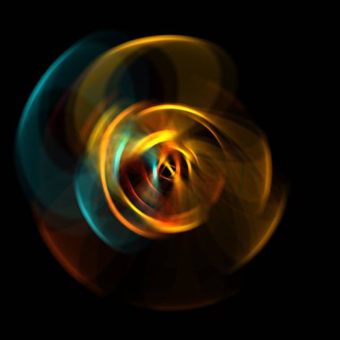 Siyah arka planda izole edilmiş dönen ışık ışınları. Dairesel hareketle parlayan renkli ışık parçacıklarının grafiksel 2d çizimi.