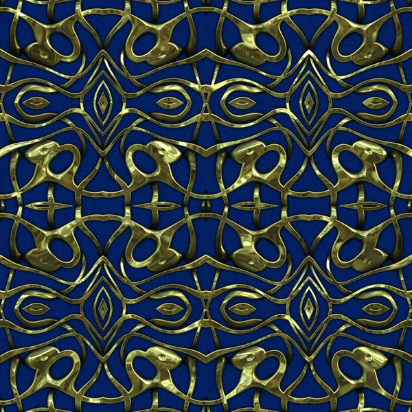 Luxury regal seamless pattern with gold mesh ornament in style of fashion on colorful fabric background. Design for wallpapers and textile print. Luxurious glossy metalwork fantasy texture.