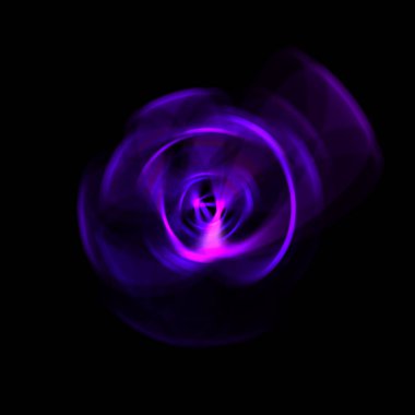 Siyah arka planda izole edilmiş dönen ışık ışınları. Dairesel hareketle parlayan renkli ışık parçacıklarının grafiksel 2d çizimi.