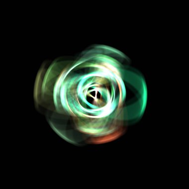 Siyah arka planda izole edilmiş dönen ışık ışınları. Dairesel hareketle parlayan renkli ışık parçacıklarının grafiksel 2d çizimi.