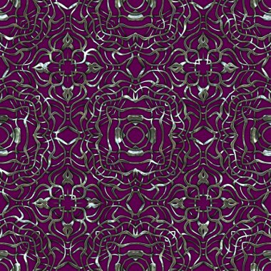 Renkli kumaş arka planında moda tarzında gümüş örgü süsü olan lüks, kusursuz bir şablon. Duvar kağıtları ve tekstil baskısı için tasarım. Lüks, ışıl ışıl metalimsi fantezi dokusu