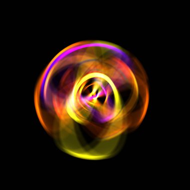 Siyah arka planda izole edilmiş dönen ışık ışınları. Dairesel hareketle parlayan renkli ışık parçacıklarının grafiksel 2d çizimi.