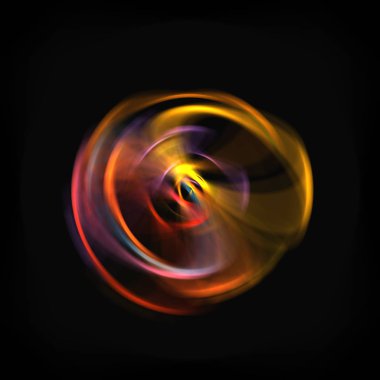 Siyah arka planda izole edilmiş dönen ışık ışınları. Dairesel hareketle parlayan renkli ışık parçacıklarının grafiksel 2d çizimi.