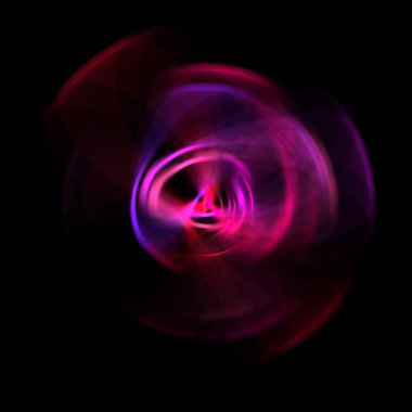 Siyah arka planda izole edilmiş dönen ışık ışınları. Dairesel hareketle parlayan renkli ışık parçacıklarının grafiksel 2d çizimi.