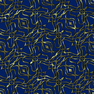 Renkli kumaş arka planında, lüks, kusursuz, altın işlemeli süslemeli moda deseni. Duvar kağıtları ve tekstil baskısı için tasarım. Lüks, ışıl ışıl metalimsi fantezi dokusu.