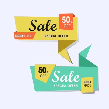 Origami kağıt kurdelesi indirimde ve satışta. Reklam nükteli metin kompozisyonu için vektör soyut afiş tasarımı, Stok vektörü