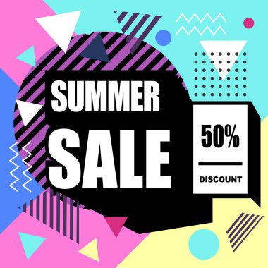 Satış indirimi Memphis 'in soyut tarz web afişi. Moda ve seyahat afişi. Özel bir teklif ve promosyonla renkli bir illüstrasyon. Şablon Vektörü.