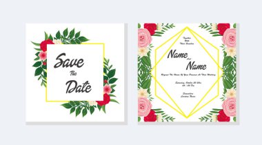 Düğün davetiyesi, düğün davetiyesi, davetiye, davetiye, davetiye, zarif çiçek deseni pembe, kırmızı bahçe, balmumu çiçekli okaliptüs dalları, sevimli altın geometrik desenli tarih kartı tasarımı. Vektör şablonu ayarlandı