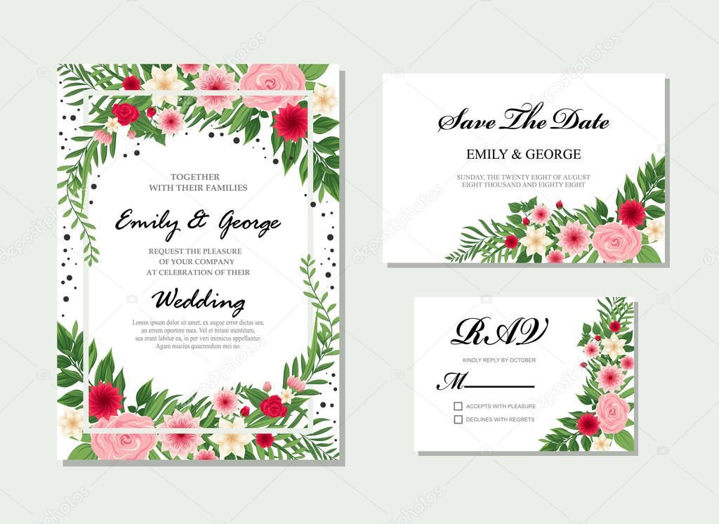 Wedding invite, bridal shower, rsvp, save the date card design with elegant flower pink, red garden, wax flowers eucalyptus branches leaves, cute golden geometrical pattern. Vector template set