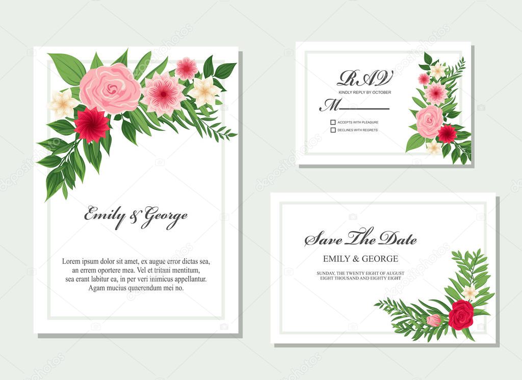 Wedding invite, bridal shower, rsvp, save the date card design with elegant flower pink, red garden, wax flowers eucalyptus branches leaves, cute golden geometrical pattern. Vector template set