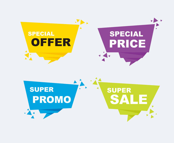 Продажа коллекции, промо, специальное предложение, промо и скидки набор баннеров. Геометрические формы, полный цвет значка. Векторная иллюстрация
