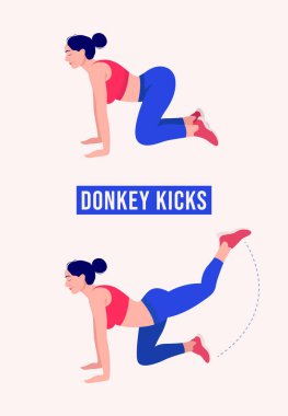 Eşek Tekmeleri egzersizi yapan kız, kadın spor salonu, aerobik ve egzersiz. Vektör İllüstrasyonu.