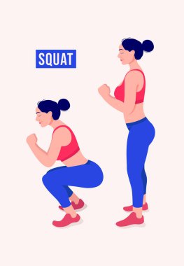 Kız SQUAT egzersizi yapıyor, kadın spor yapıyor, aerobik yapıyor ve egzersiz yapıyor. Vektör İllüstrasyonu.